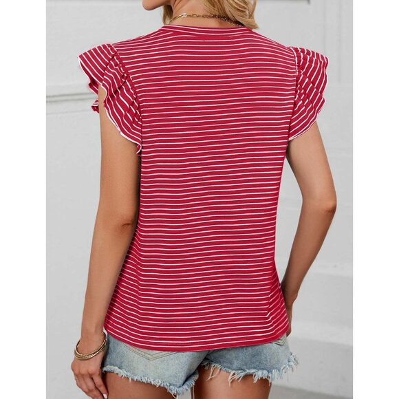 Women's Summer Striped T-Shirt Ruffle Short Sleeve Crew Neck Casual Blouse - Picture 6 of 6